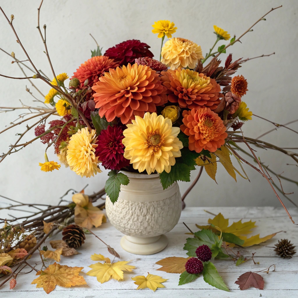 Autumn bouquet with dahlias and chrysanthemums